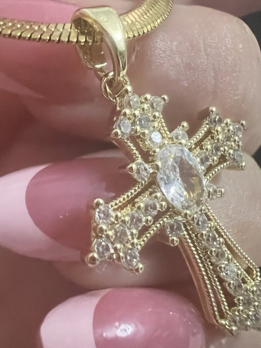 18K Gold Plated Stainless Steel Cross Necklace Herringbone Chain 16"+2" - Picture 5 of 7